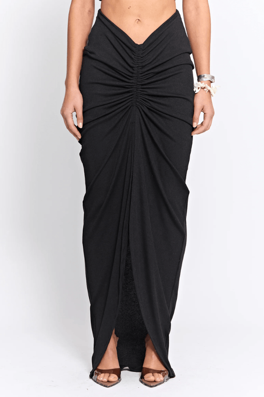 Marcellus Skirt Black by Pfeiffer, ruched maxi skirt with adjustable front detail. Perfect for beach to bar outfits or evening looks.