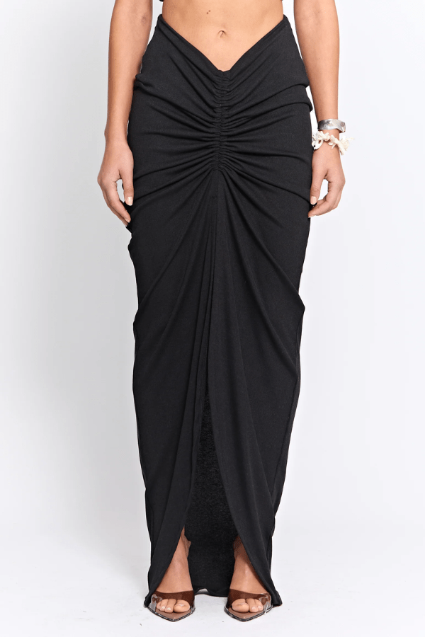 Marcellus Skirt Black by Pfeiffer, ruched maxi skirt with adjustable front detail. Perfect for beach to bar outfits or evening looks.