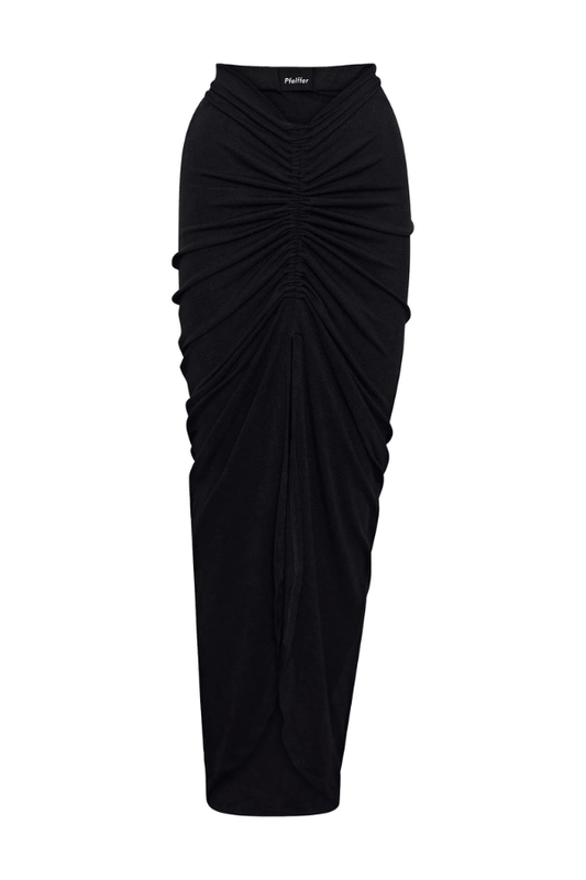 Marcellus Skirt Black by Pfeiffer, ruched maxi skirt with adjustable front detail. Perfect for beach to bar outfits or evening looks.