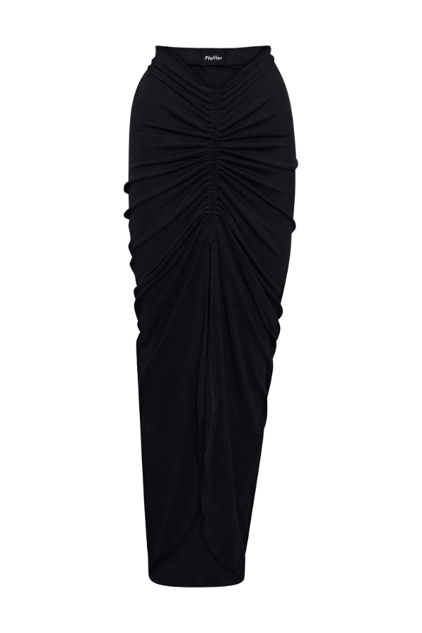 Marcellus Skirt Black by Pfeiffer, ruched maxi skirt with adjustable front detail. Perfect for beach to bar outfits or evening looks.