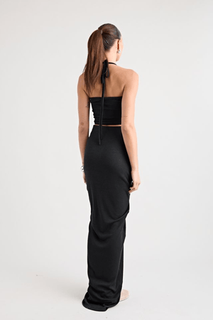 Marcellus Skirt Black by Pfeiffer, ruched maxi skirt with adjustable front detail. Perfect for beach to bar outfits or evening looks.