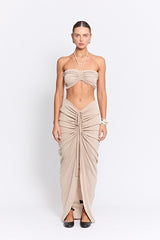 Marcellus Skirt Natural by Pfeiffer, ruched maxi skirt with adjustable front detail. Perfect for beach to bar outfits or relaxed looks.