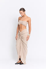 Marcellus Skirt Natural by Pfeiffer, ruched maxi skirt with adjustable front detail. Perfect for beach to bar outfits or relaxed looks.