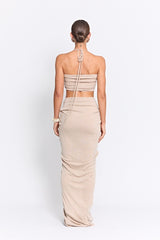 Marcellus Skirt Natural by Pfeiffer, ruched maxi skirt with adjustable front detail. Perfect for beach to bar outfits or relaxed looks.