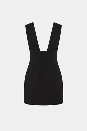 Marcie Suiting Mini Dress by Misha, a strapless off-shoulder tailored mini with pockets and long sleeves. Perfect for statement evenings.
