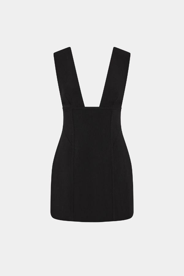 Marcie Suiting Mini Dress by Misha, a strapless off-shoulder tailored mini with pockets and long sleeves. Perfect for statement evenings.
