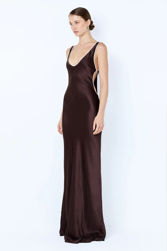 Marcy Cutout Maxi Dress by Bec + Bridge — dark chocolate maxi with scoop neckline, side cut-outs, and contrast binding.