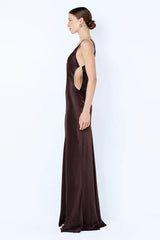 Marcy Cutout Maxi Dress by Bec + Bridge — dark chocolate maxi with scoop neckline, side cut-outs, and contrast binding.