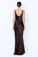 Marcy Cutout Maxi Dress by Bec + Bridge — dark chocolate maxi with scoop neckline, side cut-outs, and contrast binding.