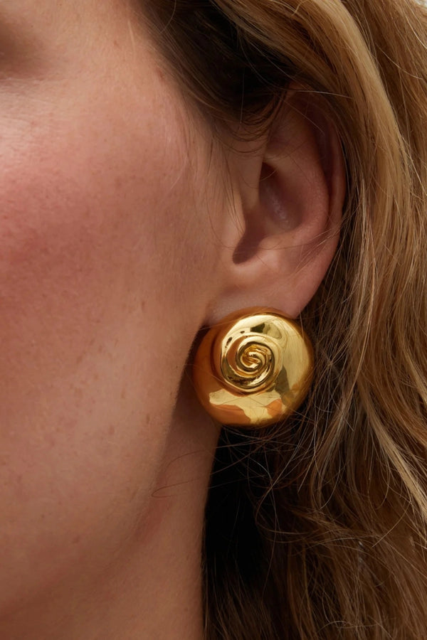 Mare Earrings Gold by Heaven Mayhem – shell inspired gold earrings with rounded sculptural silhouette.