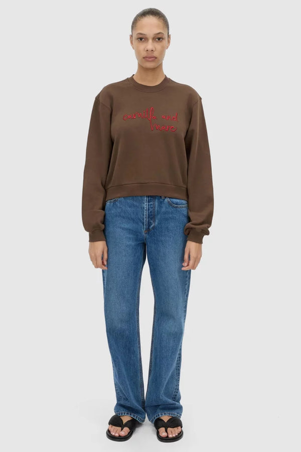 Maren Crop Emb Tracksuit Top Chocolate by C&M Camilla and Marc – cropped cotton fleece sweater with logo embroidery.