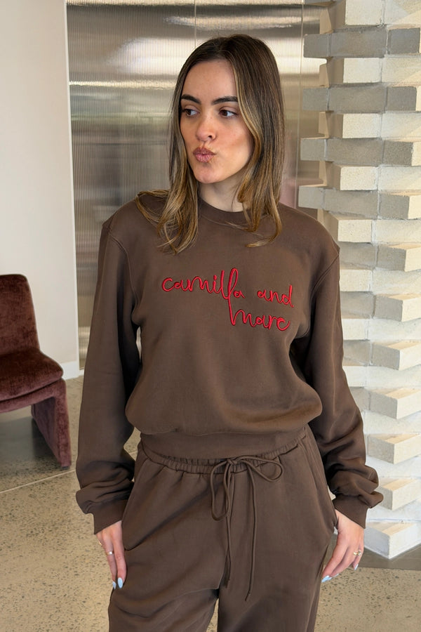Maren Crop Emb Tracksuit Top Chocolate by C&M Camilla and Marc – cropped cotton fleece sweater with logo embroidery.