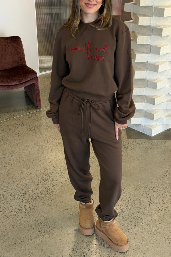 Maren Track Pant Chocolate by Camilla and Marc – relaxed track pants with drawstring waist. Perfect for off duty styling.
