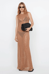 Margot Maxi Dress Camel by Bec + Bridge – A glamorous sequin-covered maxi with a boat neckline, sheer overlay, and raw hem, perfect for chic evening events.
