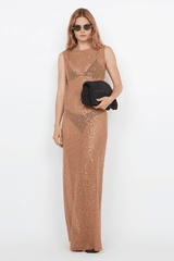 Margot Maxi Dress Camel by Bec + Bridge – A glamorous sequin-covered maxi with a boat neckline, sheer overlay, and raw hem, perfect for chic evening events.