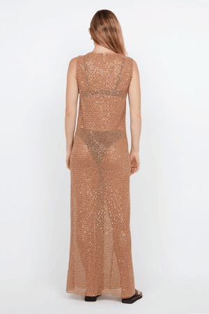 Margot Maxi Dress Camel by Bec + Bridge – A glamorous sequin-covered maxi with a boat neckline, sheer overlay, and raw hem, perfect for chic evening events.