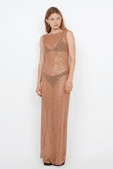 Margot Maxi Dress Camel by Bec + Bridge – A glamorous sequin-covered maxi with a boat neckline, sheer overlay, and raw hem, perfect for chic evening events.