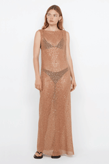Margot Maxi Dress Camel by Bec + Bridge – A glamorous sequin-covered maxi with a boat neckline, sheer overlay, and raw hem, perfect for chic evening events.