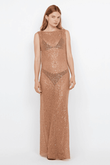Margot Maxi Dress Camel by Bec + Bridge – A glamorous sequin-covered maxi with a boat neckline, sheer overlay, and raw hem, perfect for chic evening events.