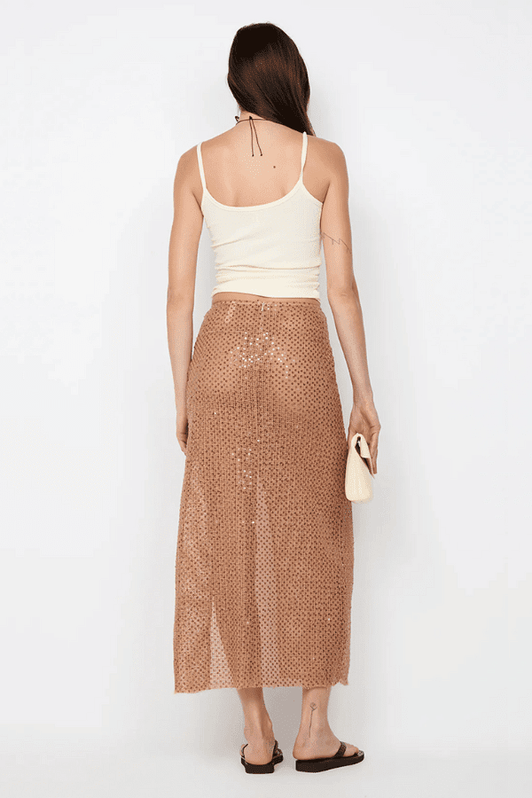 Margot Maxi Skirt Camel by BEC + BRIDGE — Shimmering sequin skirt with mid waist, straight fit, front split, and raw hem for a modern look.