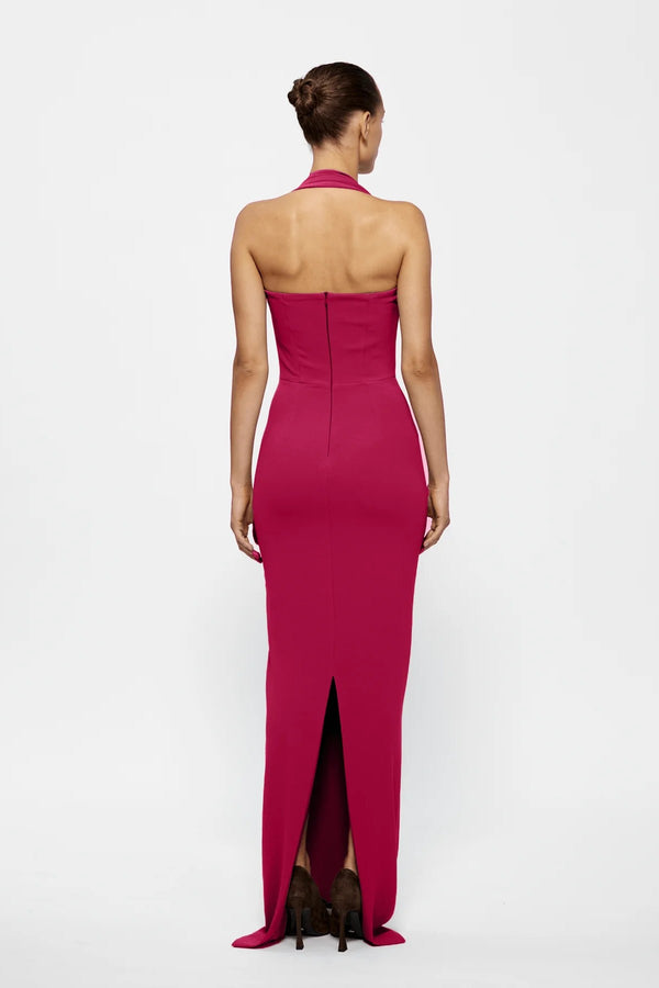 Marian Gown in Raspberry by Effie Kats, a halter-style stretch crepe gown featuring a sweetheart neckline, sculpted waist, and elegant midi hemline.