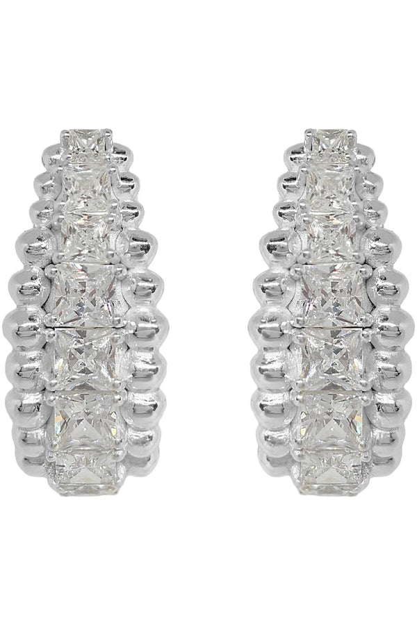 Marilyn Earrings by Mountain and Moon — silver statement earrings with White CZ and rawa ball detailing, perfect for bold evening styling.