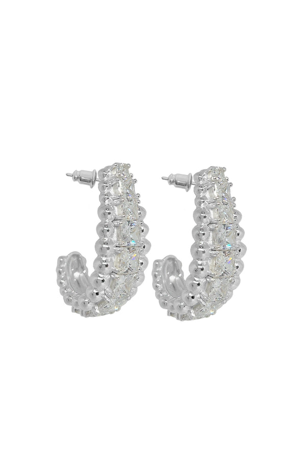 Marilyn Earrings by Mountain and Moon — silver statement earrings with White CZ and rawa ball detailing, perfect for bold evening styling.