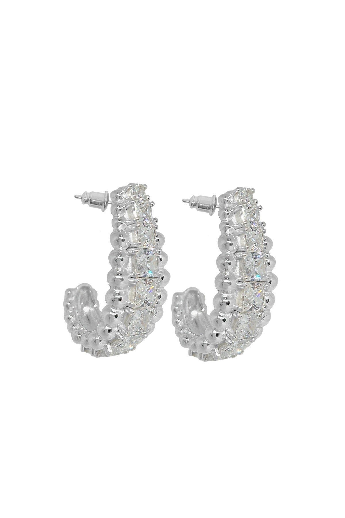 Marilyn Earrings by Mountain and Moon — silver statement earrings with White CZ and rawa ball detailing, perfect for bold evening styling.