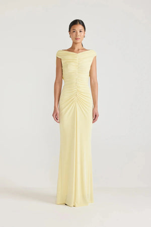Marjori Dress Lemonade by Tojhà, jersey maxi with diagonal gathers and open back detail, a trendy piece perfect for formal occasions or chic evenings.