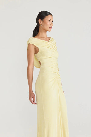 Marjori Dress Lemonade by Tojhà, jersey maxi with diagonal gathers and open back detail, a trendy piece perfect for formal occasions or chic evenings.
