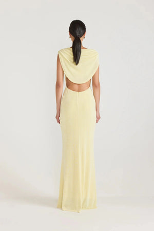 Marjori Dress Lemonade by Tojhà, jersey maxi with diagonal gathers and open back detail, a trendy piece perfect for formal occasions or chic evenings.