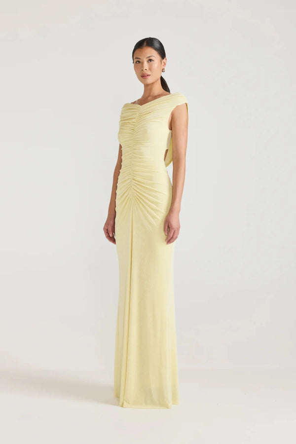 Marjori Dress Lemonade by Tojhà, jersey maxi with diagonal gathers and open back detail, a trendy piece perfect for formal occasions or chic evenings.