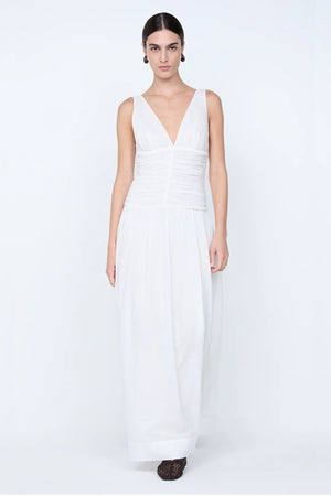 Marlowe Maxi Dress by Bec + Bridge, a white cotton voile maxi with V neckline, dropped waist, and gathered skirt—perfect for bridal or daytime elegance.