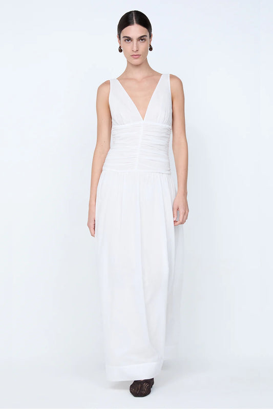 Marlowe Maxi Dress by Bec + Bridge, a white cotton voile maxi with V neckline, dropped waist, and gathered skirt—perfect for bridal or daytime elegance.