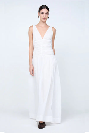 Marlowe Maxi Dress by Bec + Bridge, a white cotton voile maxi with V neckline, dropped waist, and gathered skirt—perfect for bridal or daytime elegance.