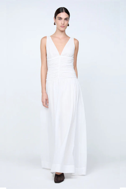 Marlowe Maxi Dress by Bec + Bridge, a white cotton voile maxi with V neckline, dropped waist, and gathered skirt—perfect for bridal or daytime elegance.