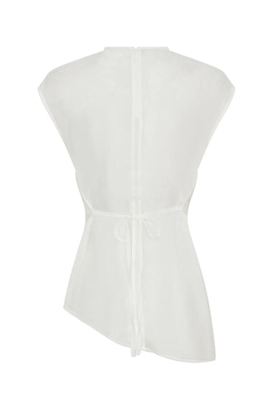 Marni Organza Sheer Top White by Sneaky Link – a sheer top with asymmetrical cut and tie back. Perfect for elevated styling.