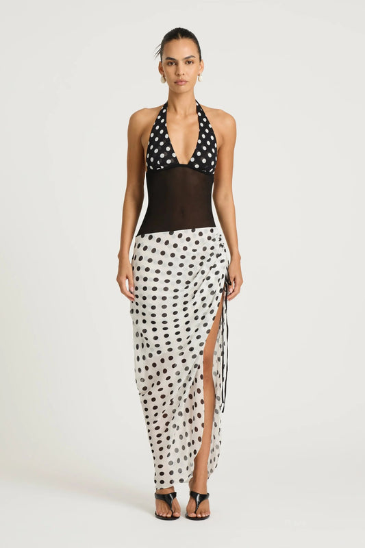 Marnie Maxi Dress by Benni, black and white polka halter maxi with deep plunge neckline, adjustable ruching and flowing skirt.