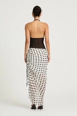 Marnie Maxi Dress by Benni, black and white polka halter maxi with deep plunge neckline, adjustable ruching and flowing skirt.