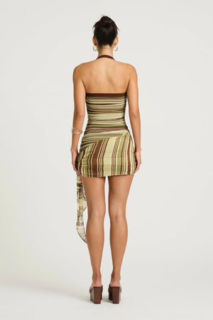Marnie Mini Dress Earth Stripe by Benni, a ruched halter mini with hip tie detail for a flattering, event-ready silhouette.
