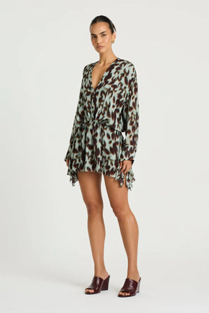 Marnie Shirt Dress in Motion Floral by Benni, a relaxed mini shirt dress with deep V neckline, adjustable waist, and long sleeves.