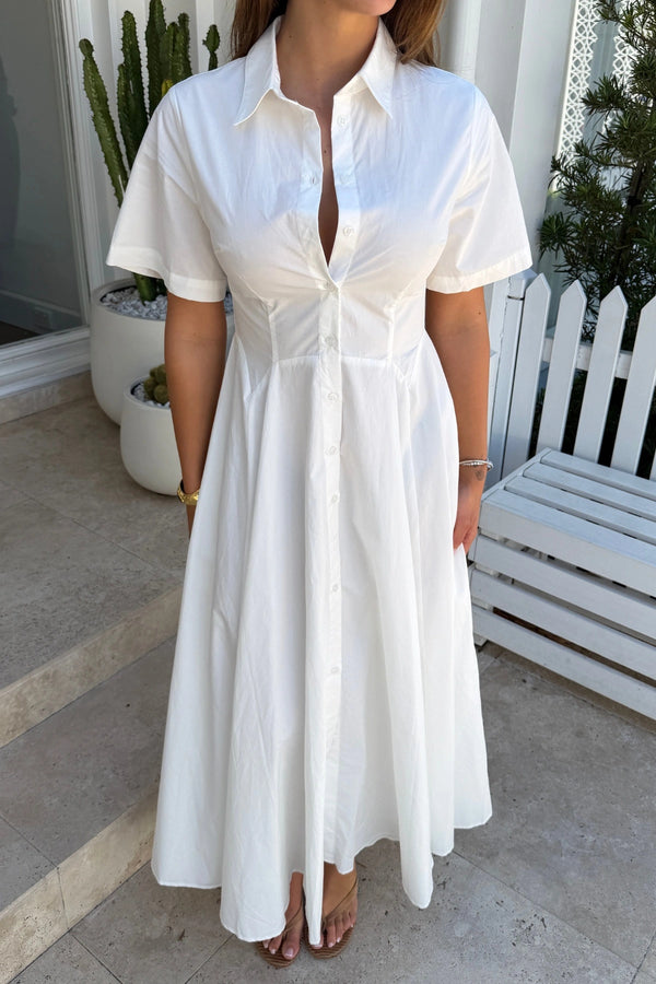 Marseille Short Sleeve Maxi Dress by Mossman — a crisp cotton shirt dress with a fitted waist and A-line skirt, perfect for warm days.