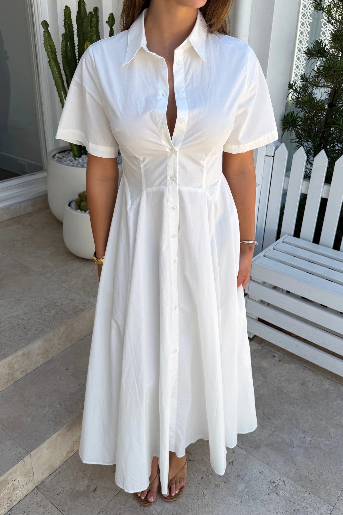 Marseille Short Sleeve Maxi Dress by Mossman — a crisp cotton shirt dress with a fitted waist and A-line skirt, perfect for warm days.