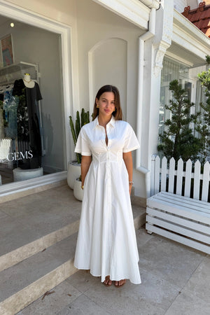 Marseille Short Sleeve Maxi Dress by Mossman — a crisp cotton shirt dress with a fitted waist and A-line skirt, perfect for warm days.
