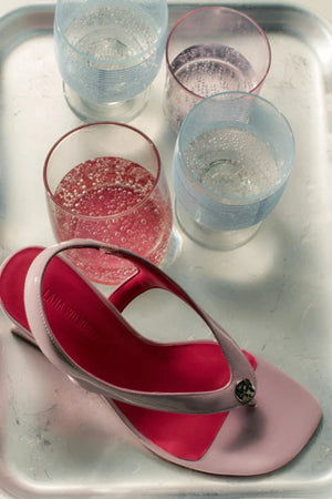 Martine Wedge by Lana Wilkinson — a lilac leather T-bar wedge with a sculpted 9.5cm heel, perfect for chic daytime to evening styling.