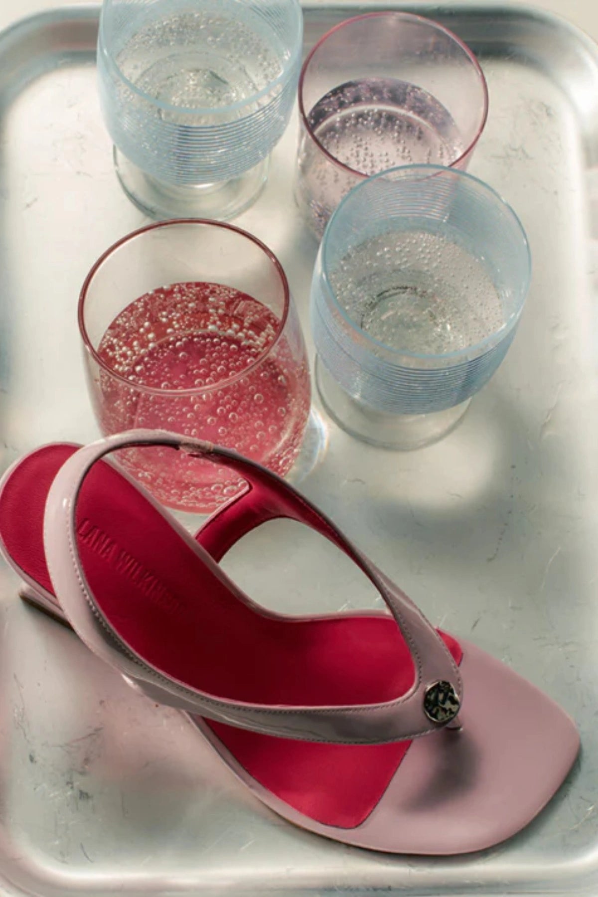 Martine Wedge by Lana Wilkinson — a lilac leather T-bar wedge with a sculpted 9.5cm heel, perfect for chic daytime to evening styling.