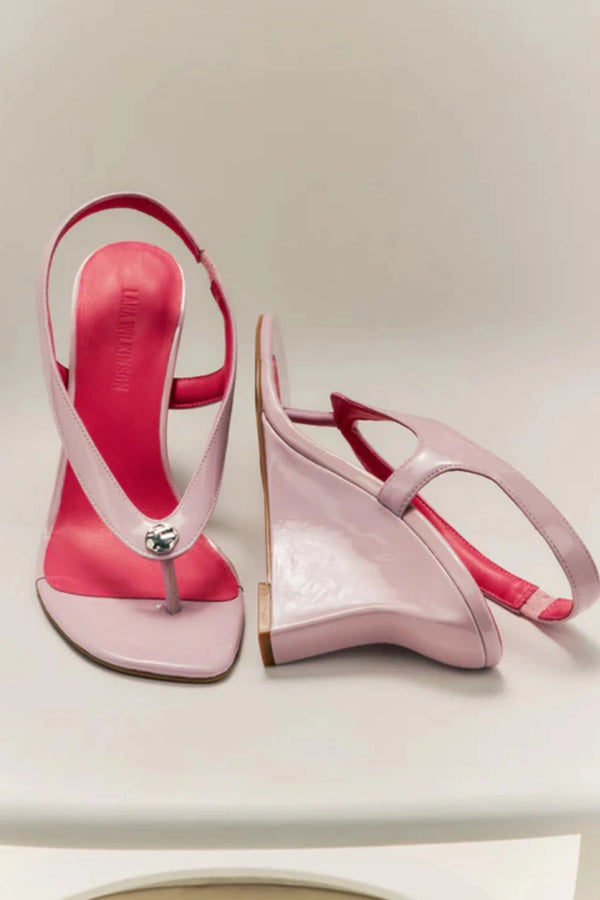 Martine Wedge by Lana Wilkinson — a lilac leather T-bar wedge with a sculpted 9.5cm heel, perfect for chic daytime to evening styling.