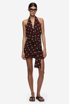 Mathilde Halter Mini Dress Polka Dot by Bec + Bridge – a halter mini with wrap detail and print. Perfect for statement styling.