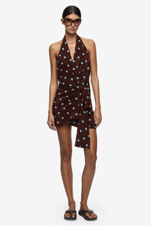 Mathilde Halter Mini Dress Polka Dot by Bec + Bridge – a halter mini with wrap detail and print. Perfect for statement styling.