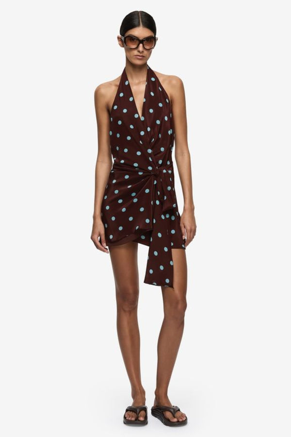 Mathilde Halter Mini Dress Polka Dot by Bec + Bridge – a halter mini with wrap detail and print. Perfect for statement styling.
